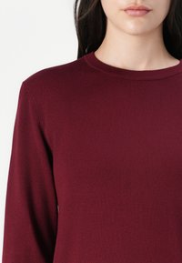 Bordo pletena pulover s krojem okoli vratu in dolgimi rokavi, izdelan iz mehkega materiala z gladko teksturo in rebrastim detajlom na ovratniku.