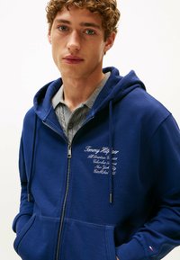 Giovane con capelli ricci che indossa un felpa blu con zip sopra una polo grigia in maglia, mani nelle tasche, sta guardando la fotocamera.