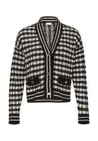 Schwarz-weiß karierte Strickjacke mit gerippten Bündchen und Saum, ausgestattet mit zwei Fronttaschen und goldenen Knopfakzenten. Texturiertes Strickmaterial.