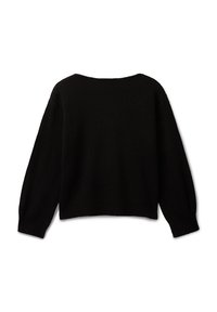 Schwarzer, langärmeliger Strickpullover mit gerippten Bündchen und Saum, runder Ausschnitt und lockere Passform, von hinten auf weißem Hintergrund gezeigt.