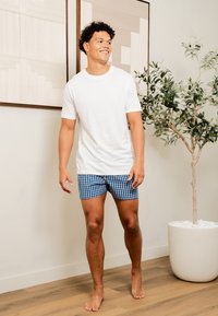 Witte T-shirt met korte mouwen gecombineerd met blauwe geblokte zwemshorts. Glad materiaal, casual pasvorm; staand op een lichte houten vloer naast een kamerplant.