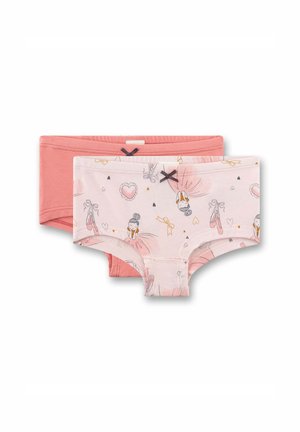 Due mutandine di cotone per bambina, una rosa corallo tinta unita, una rosa pallido con disegni di ballerina e cuori, entrambe con piccoli fiocchi neri in vita.