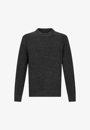 Pulover tricotat de culoare gri închis, cu guler rotund, mâneci lungi și un finisaj texturat. Design simplu, cu mansete și tiv zimțate.