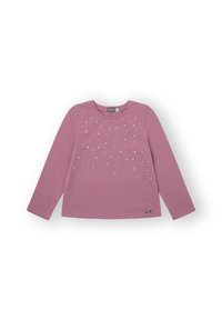 Camisa de manga larga rosa hecha de una tela suave, con un degradado de brillantes strass en el frente y un escote redondo.