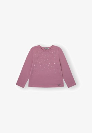 Camisa de manga larga rosa hecha de una tela suave, con un degradado de brillantes strass en el frente y un escote redondo.
