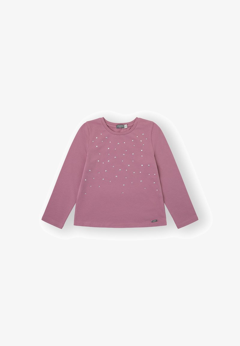 Camisa de manga larga rosa hecha de una tela suave, con un degradado de brillantes strass en el frente y un escote redondo.
