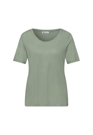T-shirt da donna a maniche corte di colore verde chiaro con scollo rotondo, realizzata in tessuto morbido e strutturato, esposta su sfondo bianco.