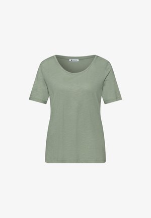 Lichtgroen dames-T-shirt met korte mouwen en ronde hals, gemaakt van zacht gestructureerde stof, weergegeven tegen een witte achtergrond.
