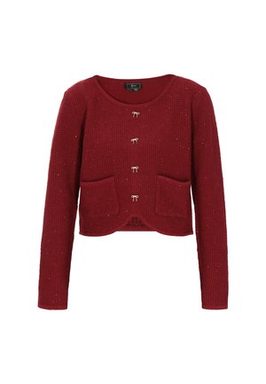 Cardigan tricotat roșu, cu mâneci lungi, gât rotund, două buzunare frontale și butoane decorative de culoare aurie. Prezintă un model texturat, cu caneluri.