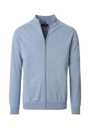 Light blue zip-up cardigan with a ribbed collar, cuffs, and hem. Made of soft material, featuring a smooth texture and minimal branding.
