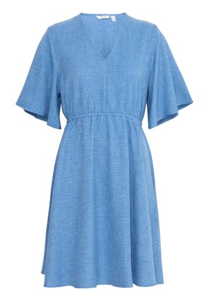 Abito in lino blu con scollatura a V, maniche corte a volant e vita elastica. Presenta una gonna fluida a forma di A con una finitura testurizzata.