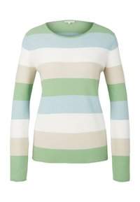Gestreifter Pullover in Grün, Hellblau, Weiß und Beige. Lange Ärmel, runder Hals, strukturiertes Strickmaterial mit horizontalen Farbbändern.