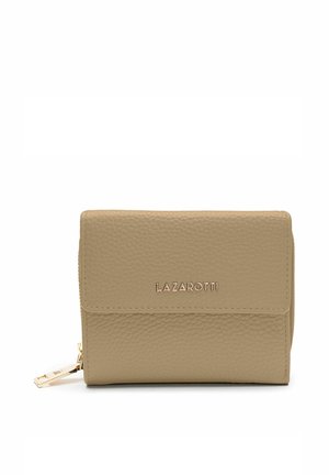 Beige leren portemonnee met een gestructureerd oppervlak, een gouden ritssluiting en het "LAZAROTTI" logo in reliëf op de voorkant. Compact rechthoekige vorm.