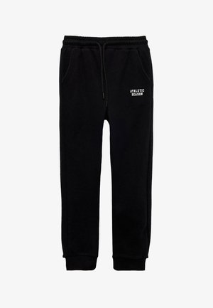 Black sweatpants made of soft fabric, featuring an elastic waistband with drawstring, side pockets, and "ATHLETIC SEASON" printed on the front.