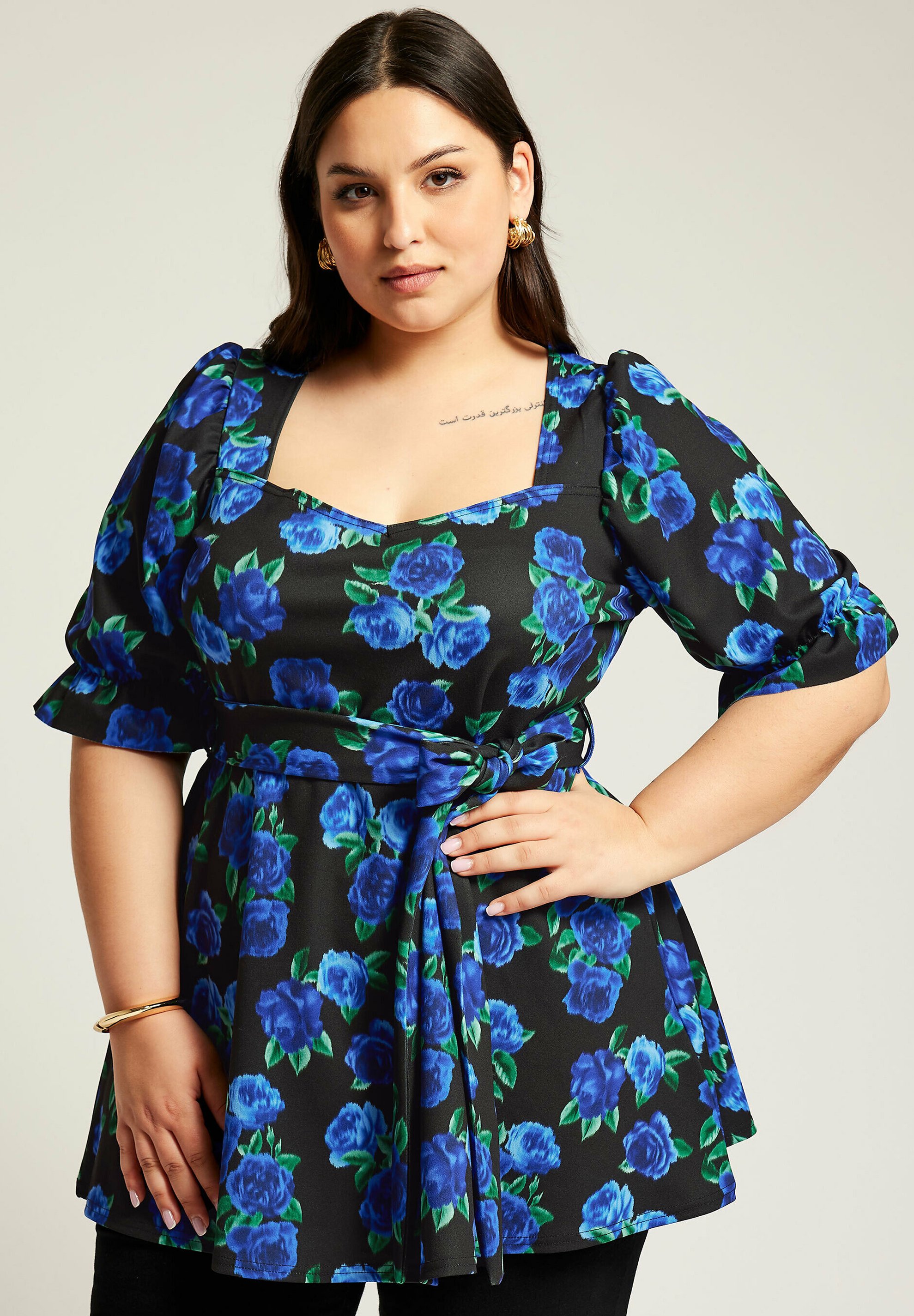 Yours Clothing FLORAL PEPLUM - Blouse - black - Zalando