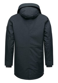 Parka gris foncé avec une capuche, des manches longues et des poignets côtelés. Fabriquée en tissu texturé avec une coupe droite et allongée.