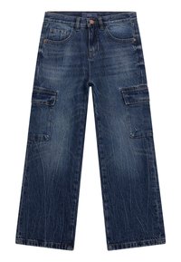 Donkerblauwe denim cargobroek met wijde pijpen, voorzien van twee grote zijzakken, subtiele vervaging en een klassieke vijf-pocket stijl.