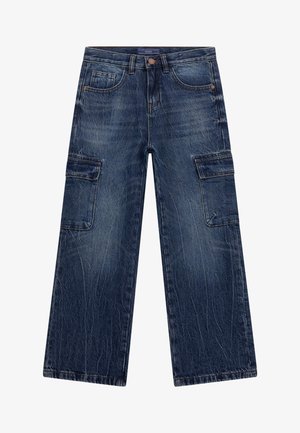 Pantaloni cargo in denim blu scuro con gambe ampie, dotati di due grandi tasche laterali, un leggero effetto sbiadito e un classico design a cinque tasche.