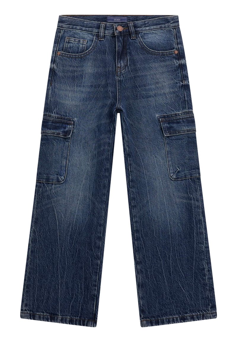 Donkerblauwe denim cargobroek met wijde pijpen, voorzien van twee grote zijzakken, subtiele vervaging en een klassieke vijf-pocket stijl.