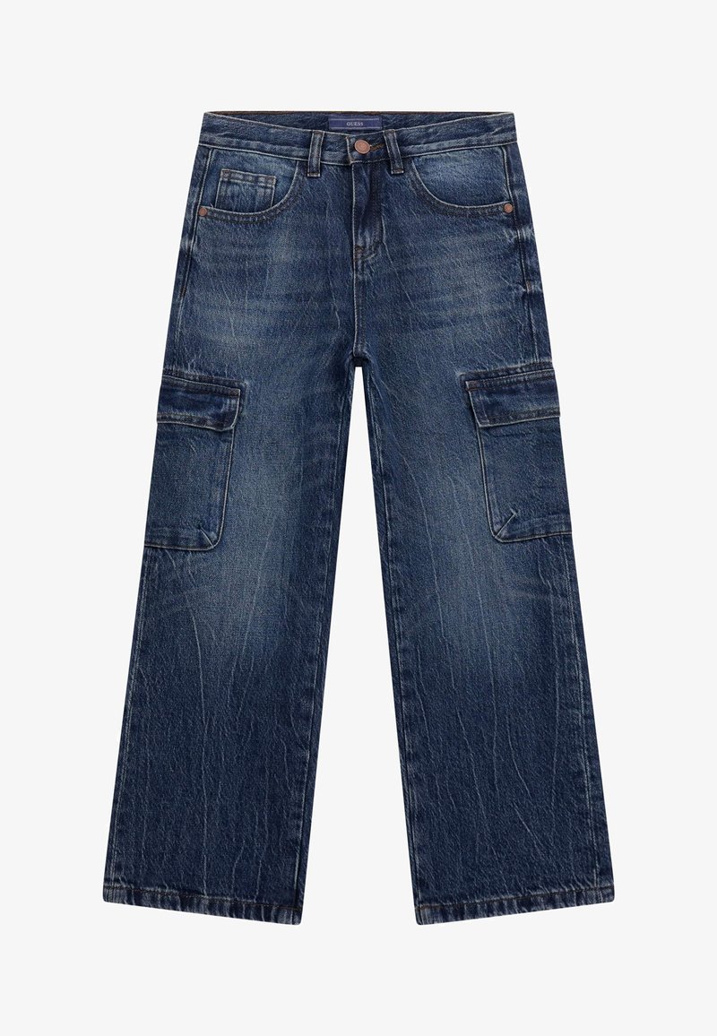 Tmavomodré denimové cargo nohavice s voľnými nohavicami, ktoré majú dve veľké bočné vrecká, jemné vyblednutie a klasický dizajn s piatimi vreckami.