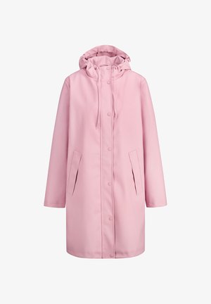 Manteau imperméable rose pâle avec capuche, doté de boutons-pression, de deux poches latérales et d'un cordon de réglage au cou pour un ajustement personnalisable.