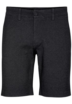 Černé šortky vyrobené z texturované tkaniny, s knoflíkovým zapínáním, poutky na opasek a plochým předním designem, s čistými, rovnými nohavicemi.