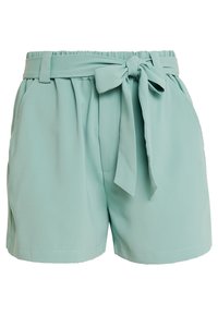 Mátově zelené šortky vyrobené z lehkého materiálu, s vázačkou, skládáním a bočními kapsami. Hladký povrch a přizpůsobený střih.