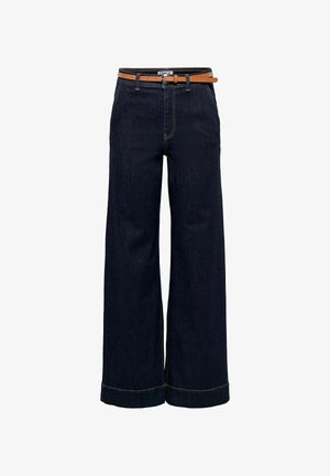 Bredde ben i mørkeblå denim jeans med høj talje og et brunt bælte. Har kontrastsyninger og opfoldede manchetter.