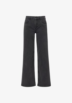 Jeans neri a gamba larga in denim, con vita alta, quattro tasche e cuciture contrastanti lungo le cuciture.