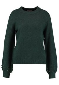 Tumma vihreä villapaita, jossa on pyöreä pääntie, raglan-hihat ja teksturoitu kangas. Käsivarsissa koristeellisia helmiä.