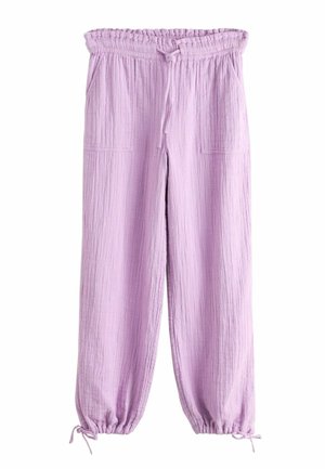Light purple cotton pants with elastic waistband, drawstring ties at waist and ankles, and two front patch pockets.