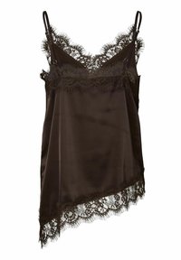 Brun satengcamisole med delikat svart blonderkant langs utringningen og kanten, med spaghetti-stropper og asymmetrisk snitt.