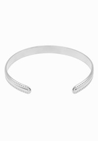 Bracciale a bangle in argento con una finitura liscia e lucida e dettagli a perline lungo i bordi. Design aperto per una vestibilità regolabile.