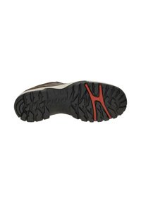 Brauner Wanderschuh mit tiefem Profil für Grip, ausgestattet mit einer weißen Zwischensohle und roten Akzenten in einer markanten Form. Gummimaterial.
