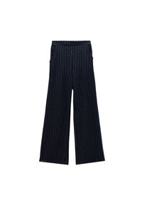 Navy blauwe wijde broek met witte verticale streepjes en zijzakken, plat gelegd op een witte achtergrond.