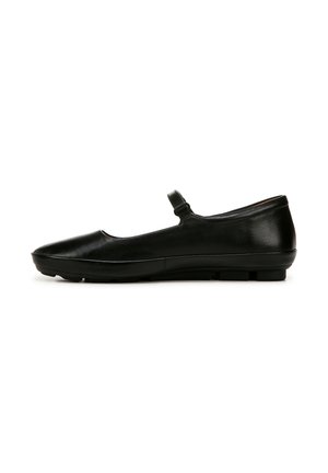 Black leather ballet flat with a rounded toe, slim strap, and flat rubber sole. Smooth texture with a clean, minimal design.