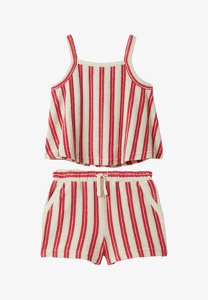Ärmelloses Top- und Shorts-Set mit vertikalen rot-weißen Streifen, Shorts mit elastischem Taillenbund, Kordelzug und Seitentaschen.