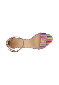 Sandalo donna con punta aperta, motivo a righe multicolore, cinturino alla caviglia e soletta marrone con nome del marchio.