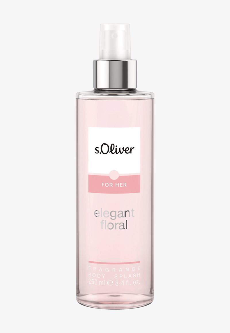 vaporisateur corporel floral élégant s.Oliver pour femme, dans un flacon vaporisateur transparent rose de 250 ml avec bouchon argenté.