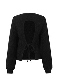 Zwarte cropped cardigan met lange mouwen, zachte textuur, open rugontwerp en verstelbare striksluiting in de taille.