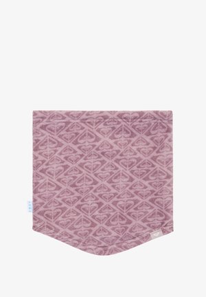 Lila Fleece-Halswärmer mit geometrischem Herzmuster, weicher Textur und abgerundeten unteren Kanten. Verfügt über ein kleines Logotag in der Ecke.