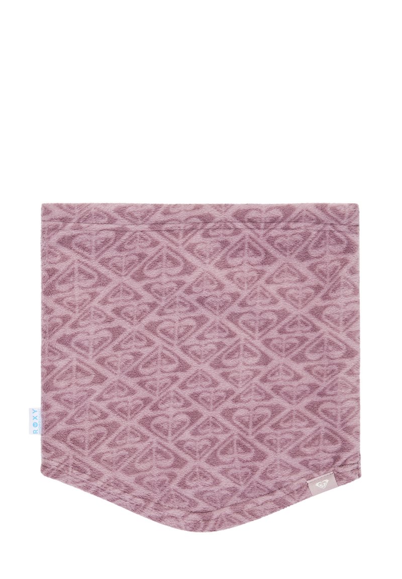 Lila fleece nekwarmer met een geometrisch hartpatroon, zachte textuur en afgeronde onderranden. Bevat een klein logotag in de hoek.