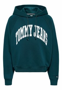 Felpa verde con cappuccio e testo bianco "TOMMY JEANS". Presenta cordoncini, polsini e orlo a costine, realizzata in tessuto morbido con vestibilità comoda.