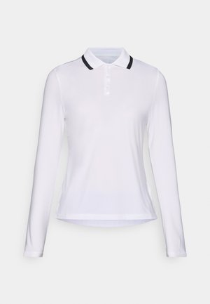 Polo shirt met lange mouwen in het wit, met een zwarte kraag, knoopsluiting en een gladde, lichtgewicht stof.