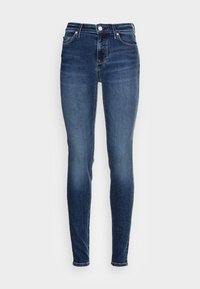 Skinny jeans van donkerblauwe denim met lichte vervaging, hoge taille, vijf zakken en een sluiting met knoop en ritssluiting aan de voorkant. Zachte textuur.