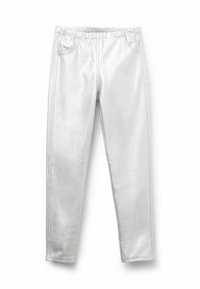 Silberne, metallische Leggings mit einem elastischen Bund, die zwei Fronttaschen und eine glatte, glänzende Textur aufweisen.