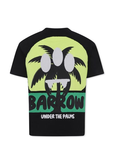 Czarna koszulka z grafiką palm i trzema białymi jajkami na jasnym zielonym tle z napisem "BARROW UNDER THE PALMS".