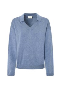 Pull en maille bleu clair à manches longues avec col en V et poignets et ourlet côtelés, présenté sur un fond blanc.