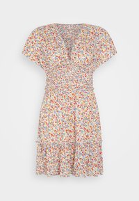 Robe à manches bouffantes florales en tissu léger, dotée d'une taille smockée, d'une jupe à hauteur des genoux avec des volants, et d'une palette de couleurs pastel.
