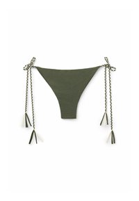 Grön bikinitopp med ett strukturerat mönster. Har knytningar på varje sida med dekorativa fransar. Justerbar passform för komfort.